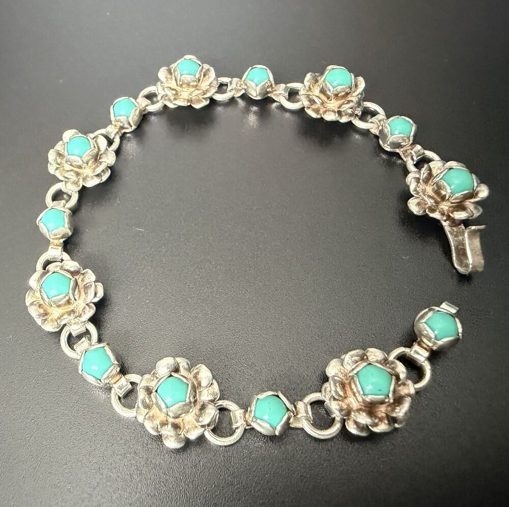 VINTAGE 50s TAXCO MEXICO STERLING SILVER TURQUOISE BLOSSOM FLOWER BRACELET 6.5”